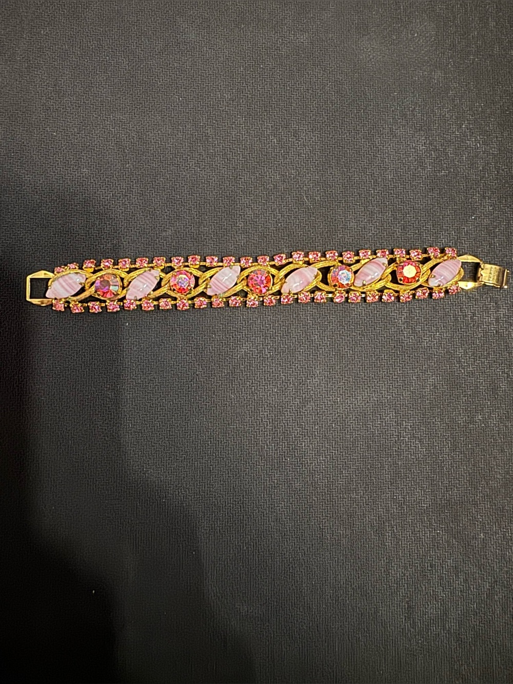 Gold Tone pink Aurora Borealis rhinestones & Glass cabochon stone Bracelet